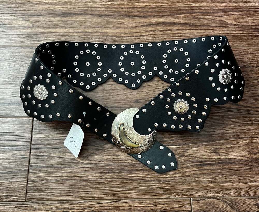 Free People Studded Crescent Moon Buckle Belt Black